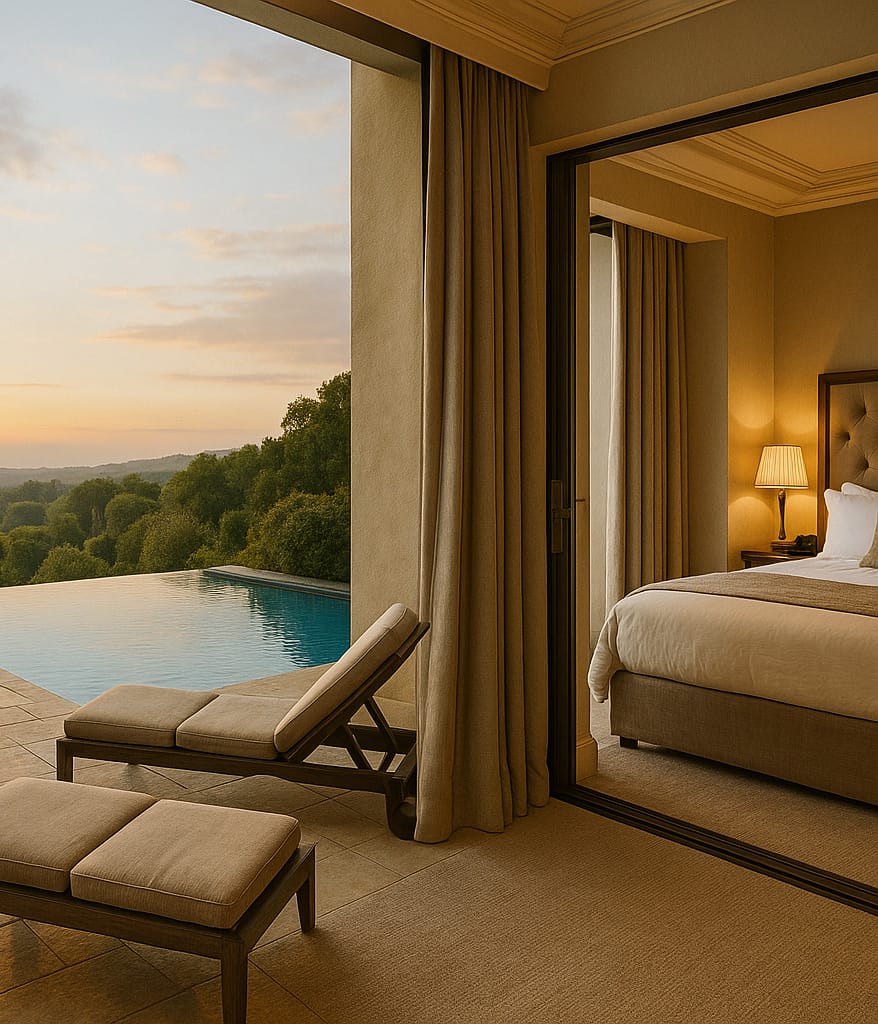 View from inside room out to swimming pool.