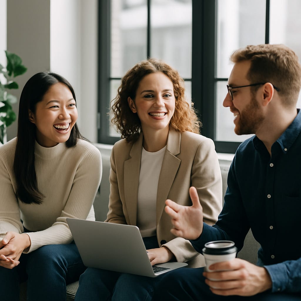 Three happy employees chatting over coffee.